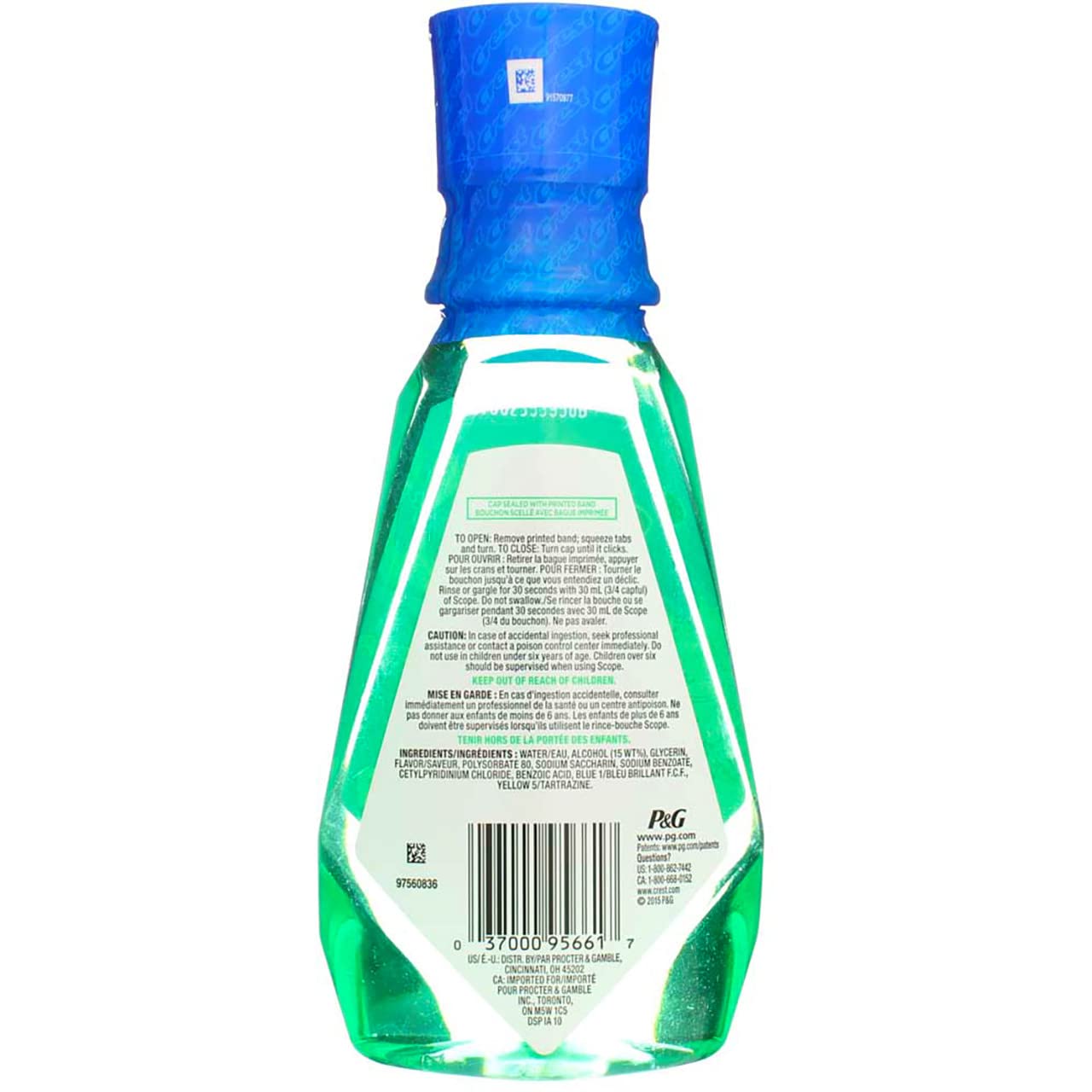Two bottles arranged with Crest branding on blue and white background
