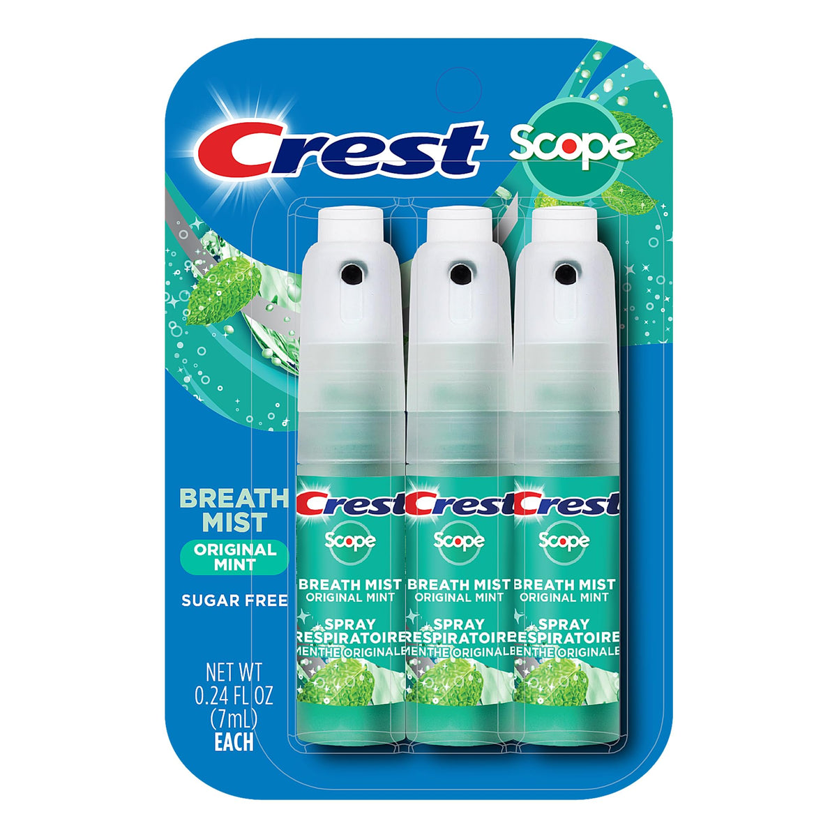 Front view of Crest Scope Mint Breath Mist 3-pack
