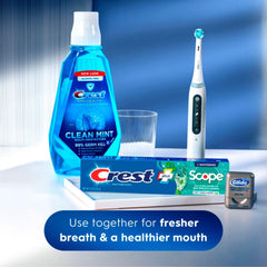 Close-up of Crest + Scope toothpaste tube detail