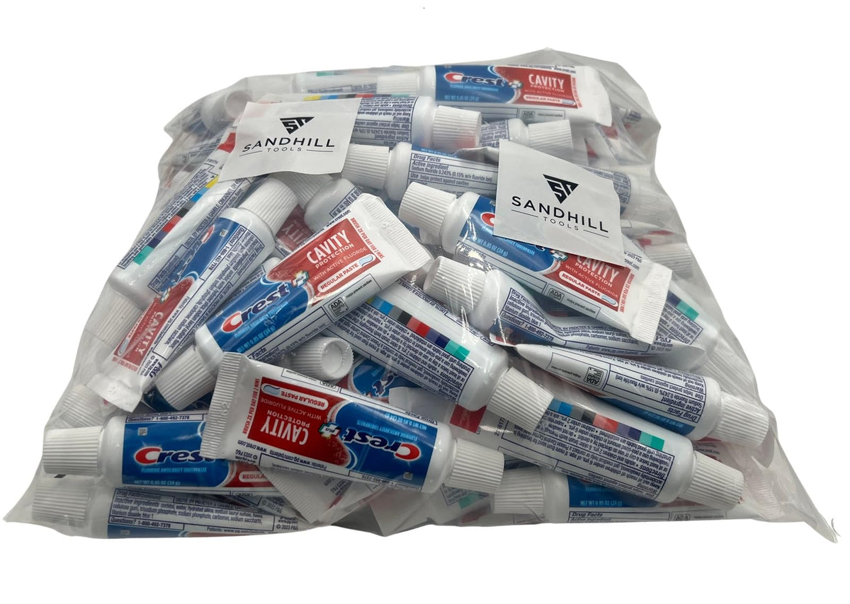 Crest travel-size toothpaste tubes, 0.85 oz, 50-pack for hotels