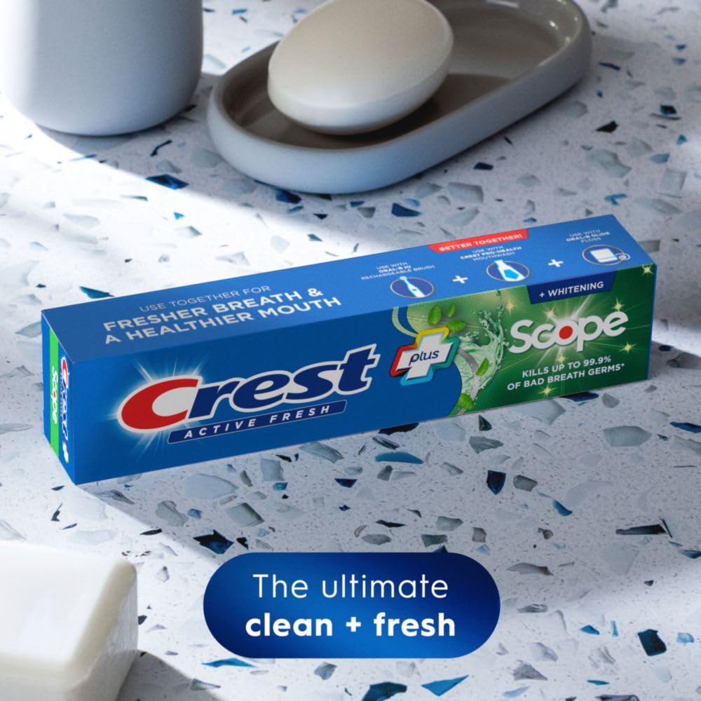Crest Complete Active Fresh + Whitening toothpaste tube close-up