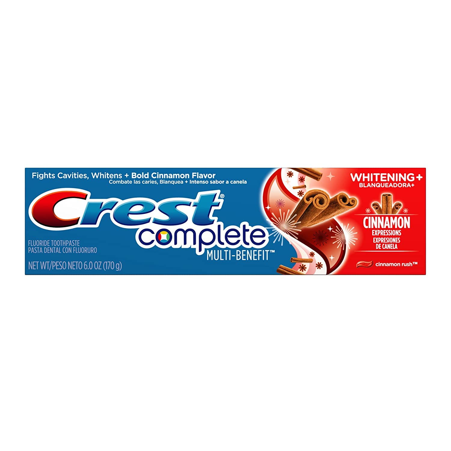 Front view of Crest Complete Cinnamon Rush 5.4 oz toothpaste triple pack