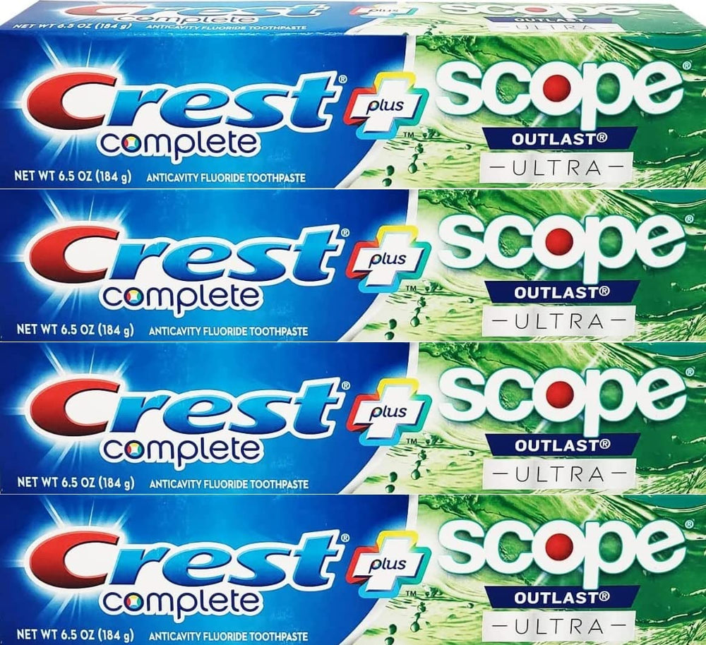 Front view of Crest Complete Whitening Plus Scope Outlast Ultra Toothpaste 6.5 oz tubes in a 4-pack