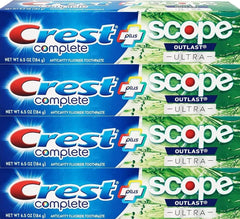 Front view of Crest Complete Whitening Plus Scope Outlast Ultra Toothpaste 6.5 oz tubes in a 4-pack