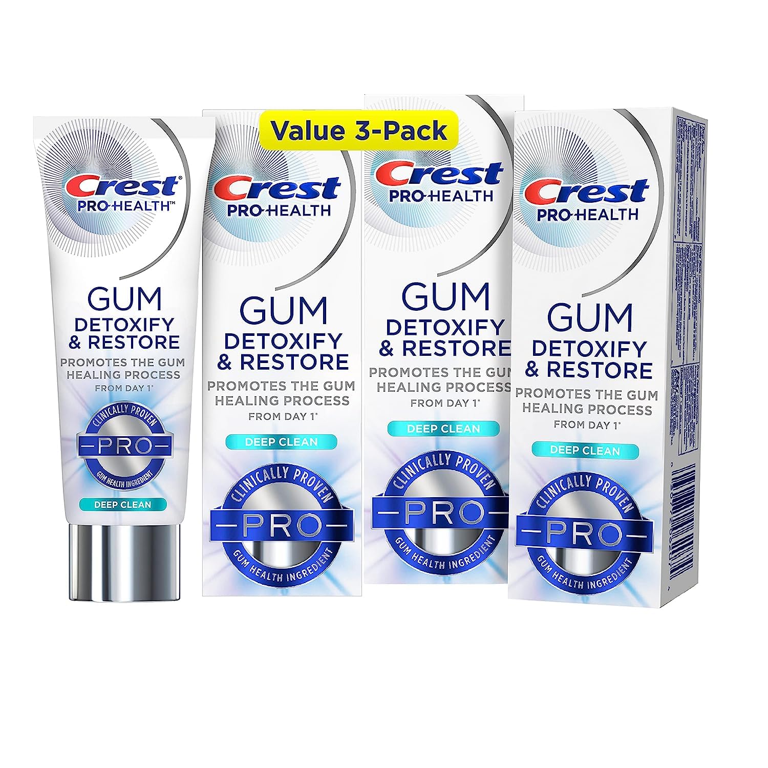 Front view of Crest Pro-Health Gum Detoxify and Restore toothpaste tubes, 3.5 oz each, pack of 3