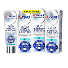 Front view of Crest Pro-Health Gum Detoxify and Restore toothpaste tubes, 3.5 oz each, pack of 3