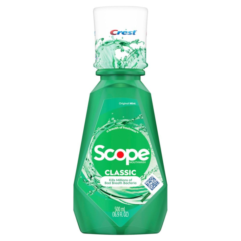 Stack of Crest Scope Classic Mouthwash 500 ml 4-count packages