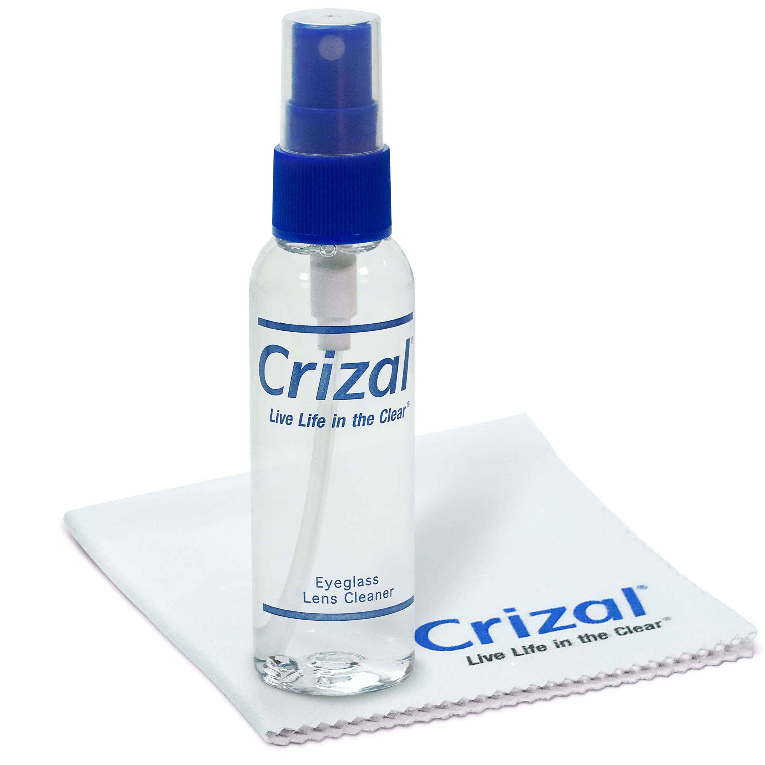 Front view of Crizal Eyeglass Cleaning Bundle showing 2oz spray and microfiber cloth