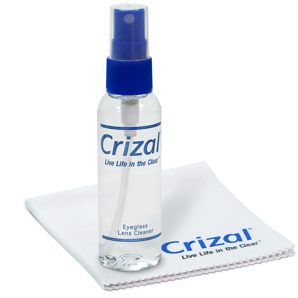 Front view of Crizal Eyeglass Cleaning Bundle showing 2oz spray and microfiber cloth
