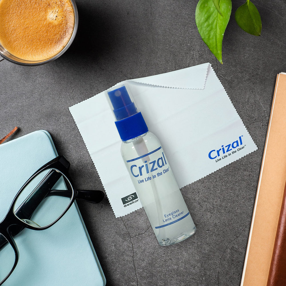 Crizal cleaning bundle components arranged for AR coated lenses