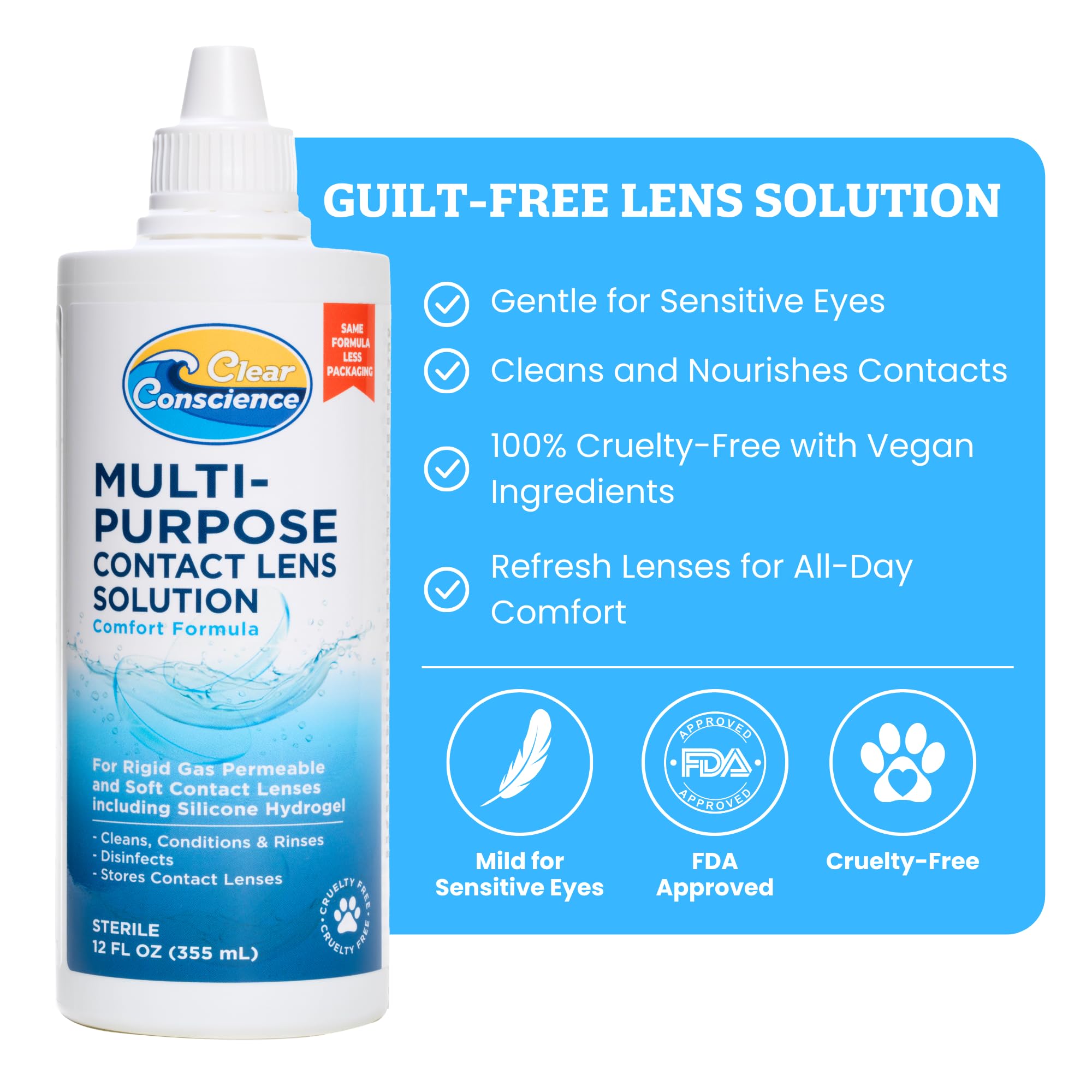 Close-up of 12oz multipurpose contact lens solution bottle