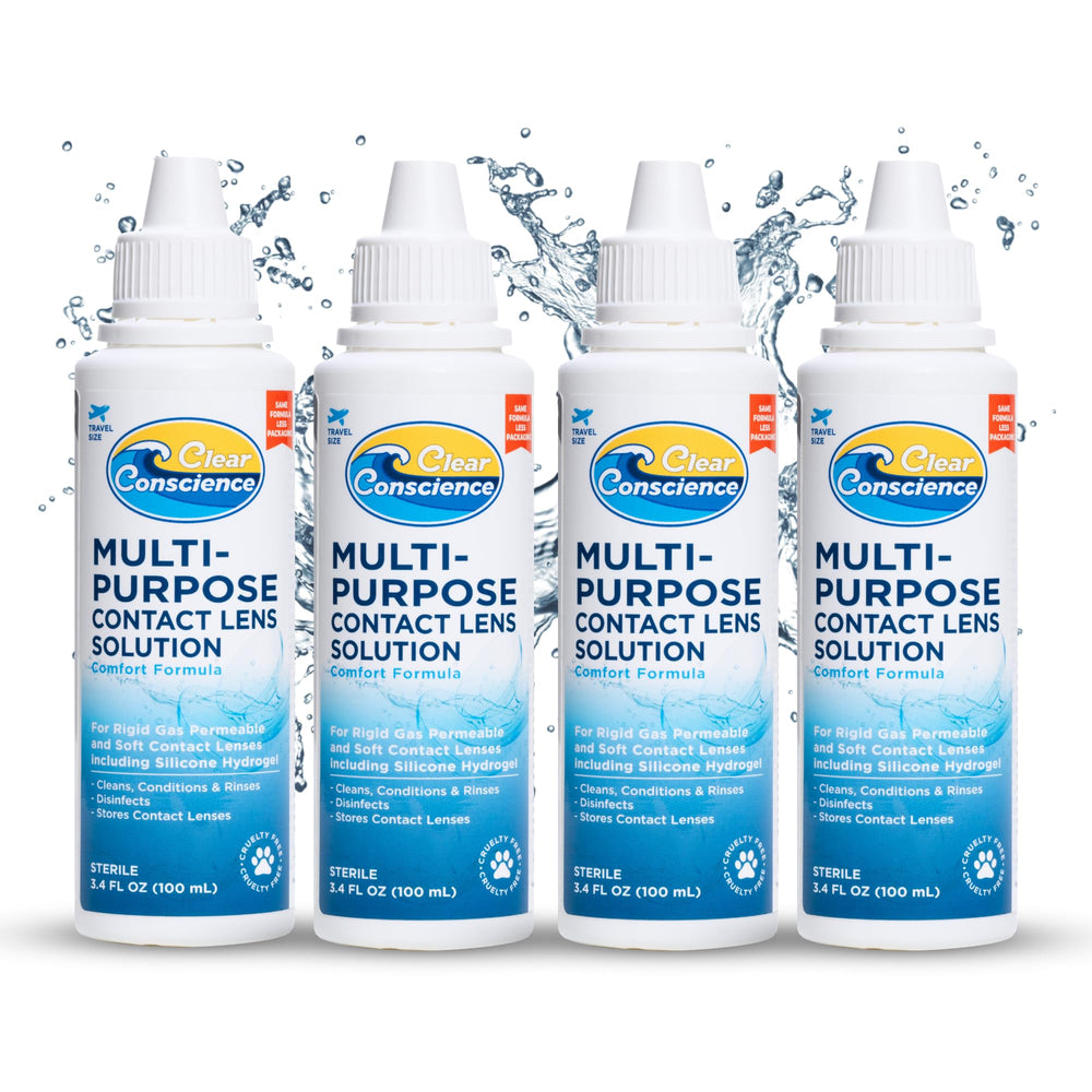 Travel-size 3 oz cruelty-free multipurpose contact solution bottle in 4-pack, front view
