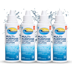 Travel-size 3 oz cruelty-free multipurpose contact solution bottle in 4-pack, front view