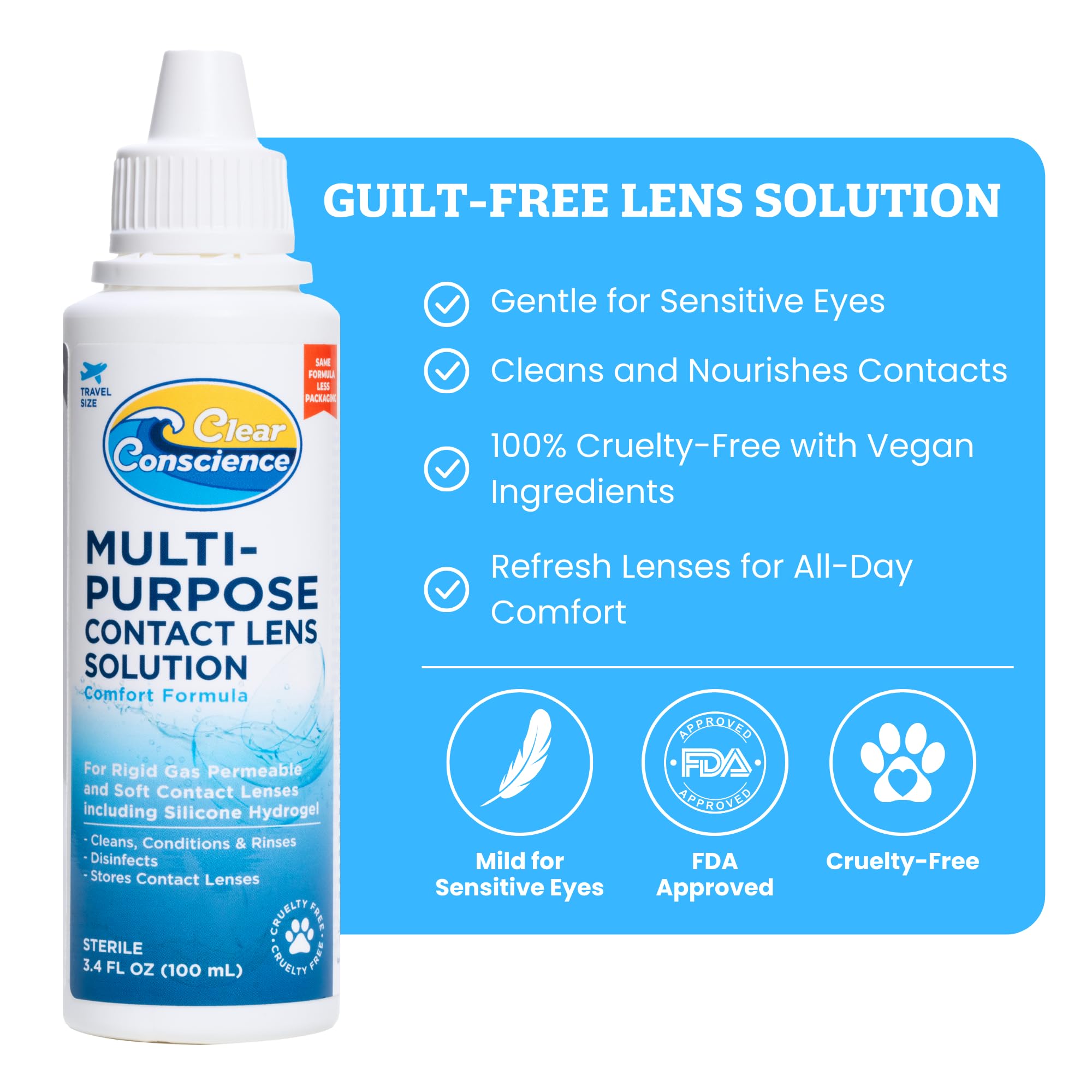 Close-up of label highlighting vegan formula on cruelty-free contact solution