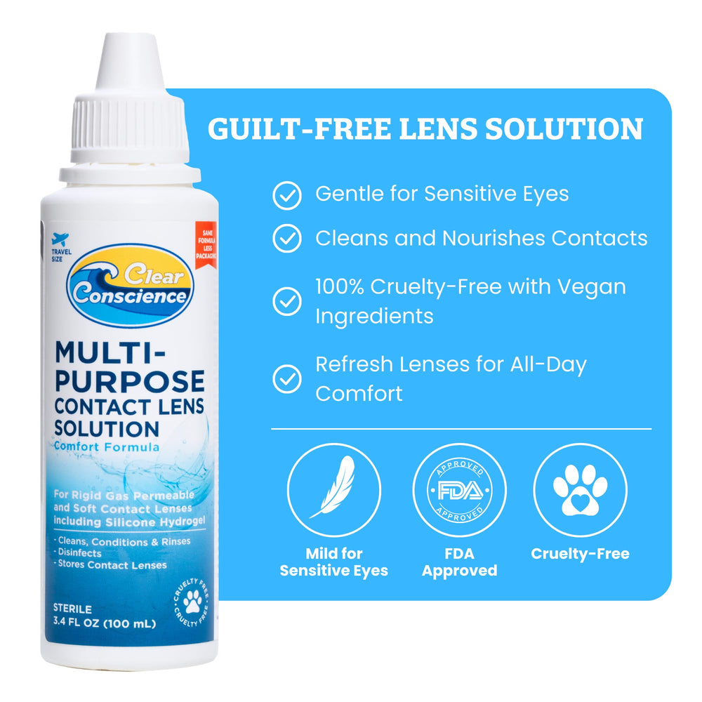 Close-up of label highlighting vegan formula on cruelty-free contact solution