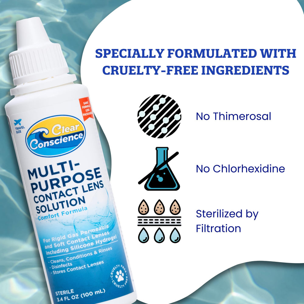 Front label close-up showing 3 oz size and multipurpose lens care