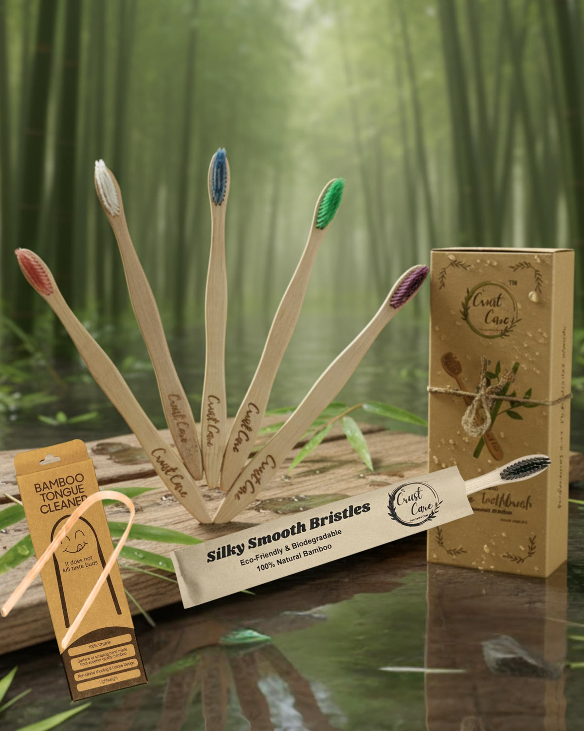 Five Crust Care bamboo toothbrushes with color-coded bristles
