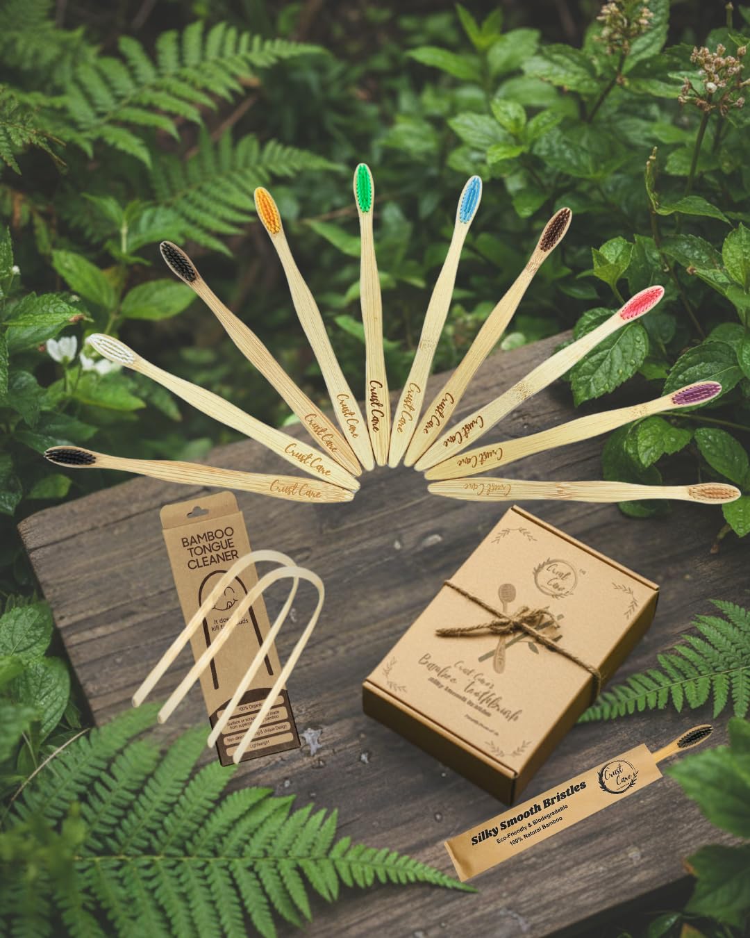 Crust Care 10-pack bamboo toothbrushes with color-coded bristles