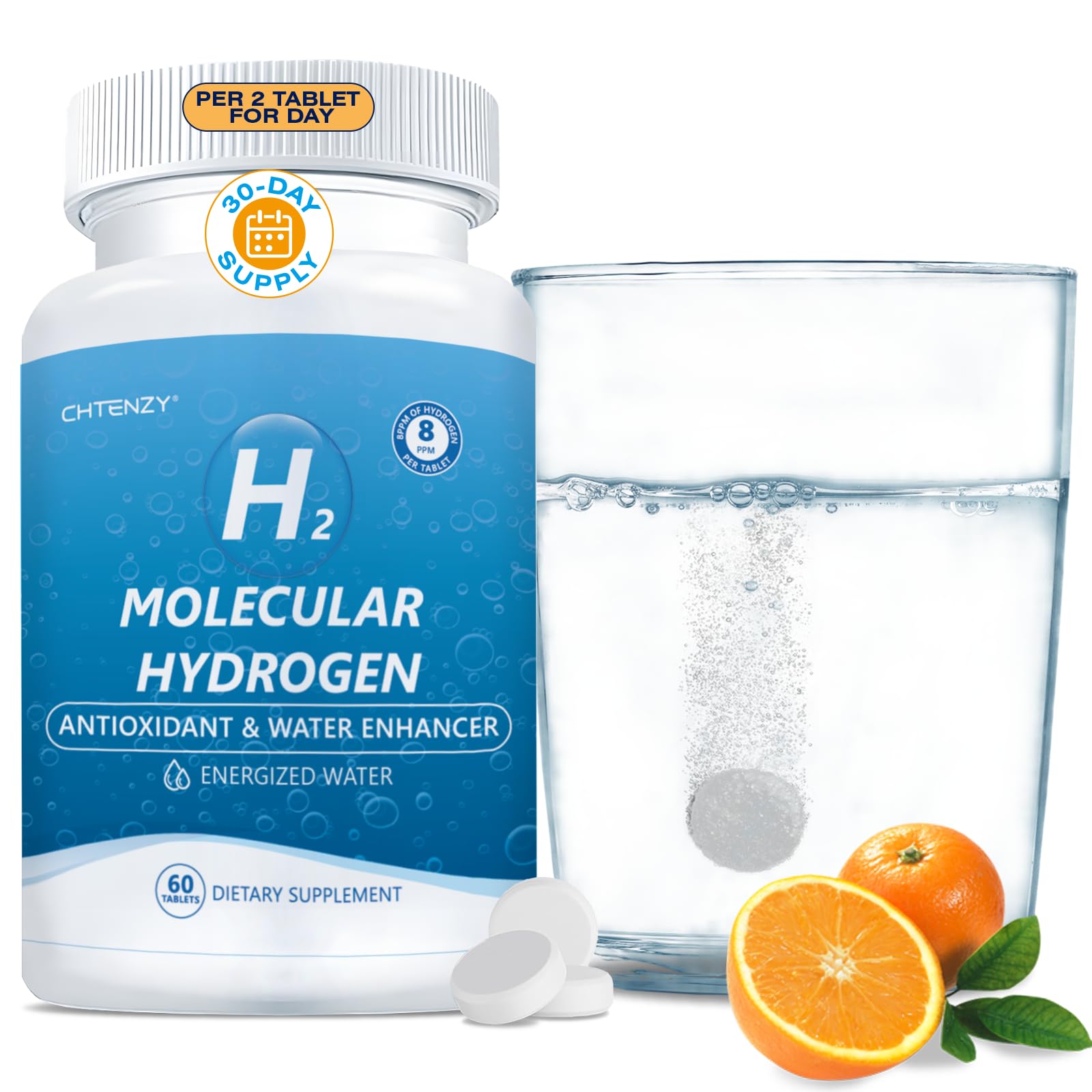 CHTENZY Hydrogen Water Tablets box and bottle on white background