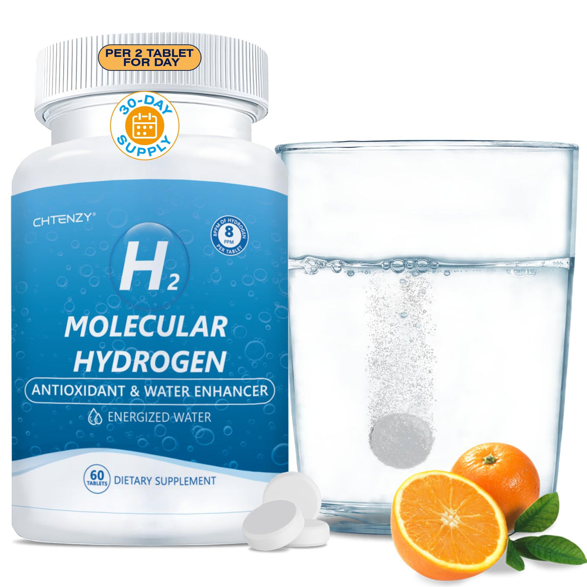 CHTENZY Hydrogen Water Tablets box and bottle on white background