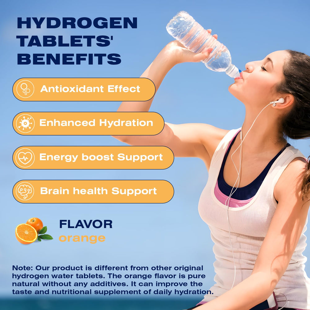 Orange-flavored hydrogen water tablet dissolving in a glass