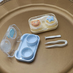 Cualque Cartoon Portable Contact Lens Case - Blue Bear design (open with accessories)