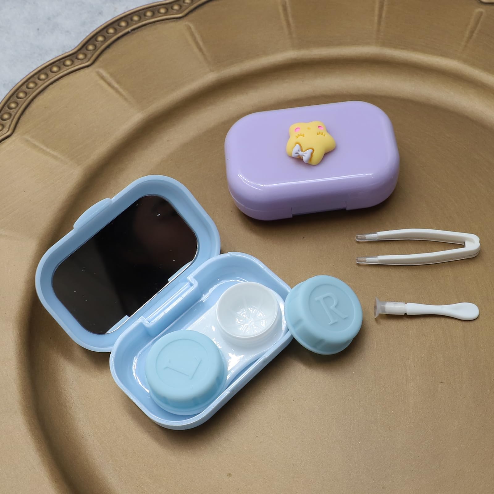 Cualque Cartoon Portable Contact Lens Case in Purple Stars - side view with cleaning kit