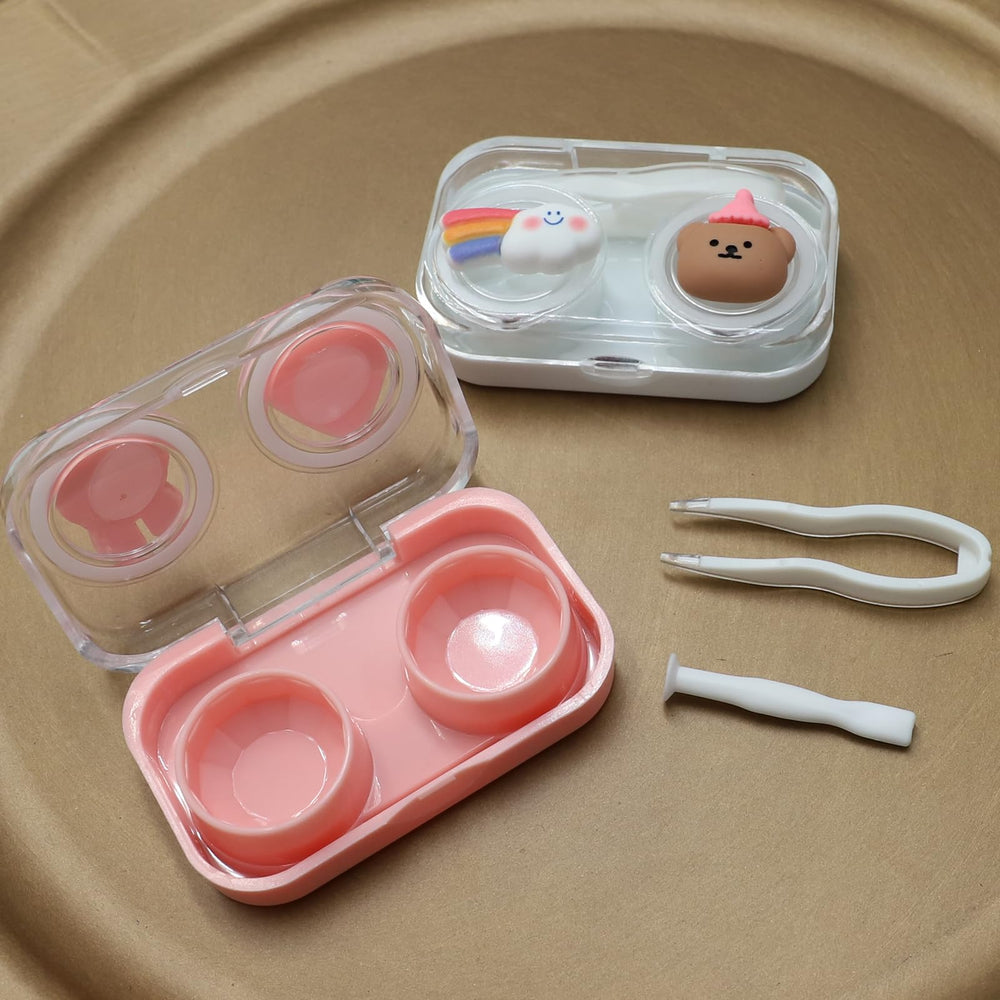 Compact travel contact lens case with pink bunny cartoon pattern