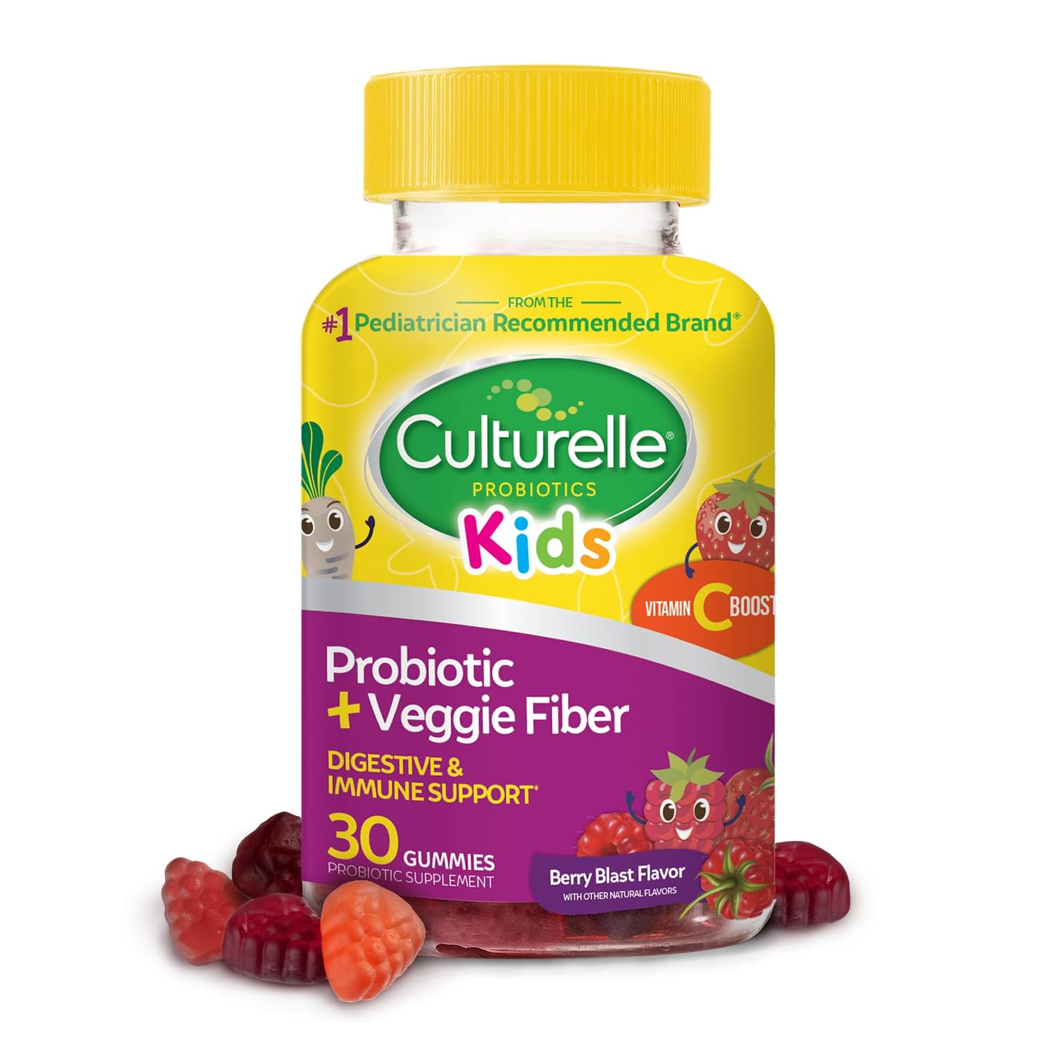 Front view of Culturelle Kids Daily Probiotic Gummies Berry 30-count packaging for ages 3+