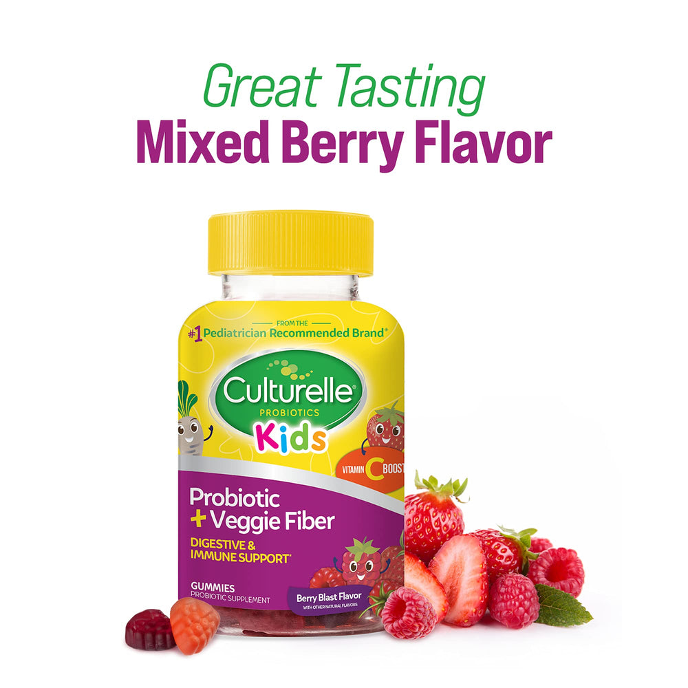 Infographic-style image illustrating Culturelle Kids digestive health through probiotic and fiber.