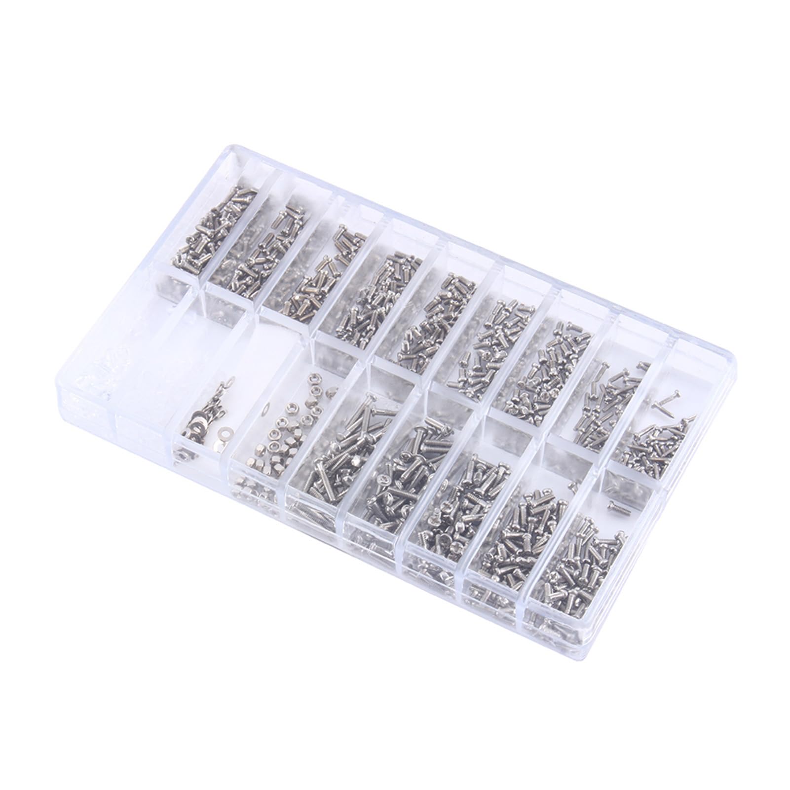 Close-up of assorted screws and nuts in the kit