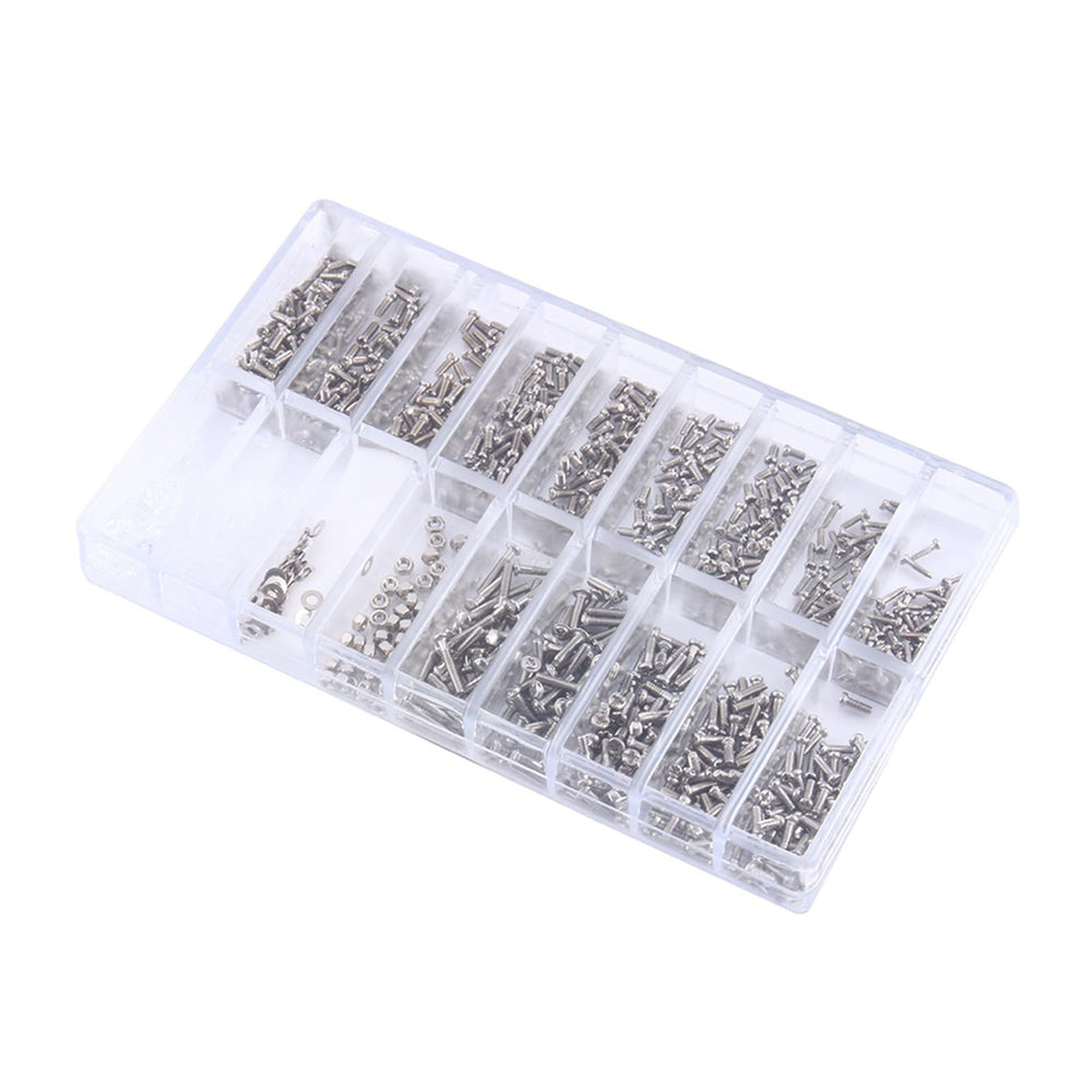 Close-up of assorted screws and nuts in the kit