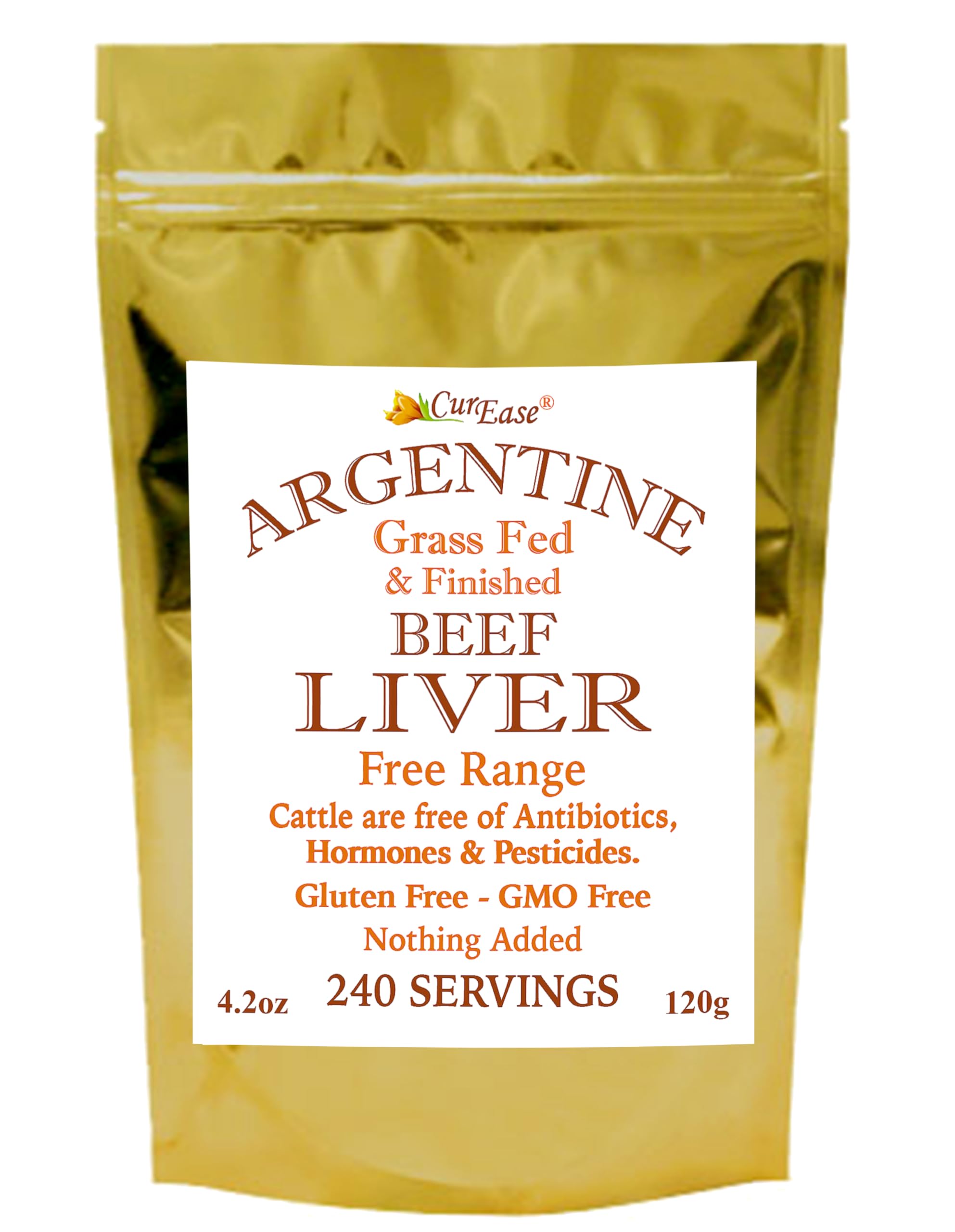 CurEase Beef Liver Powder bottle label showing Argentina grass-fed origin