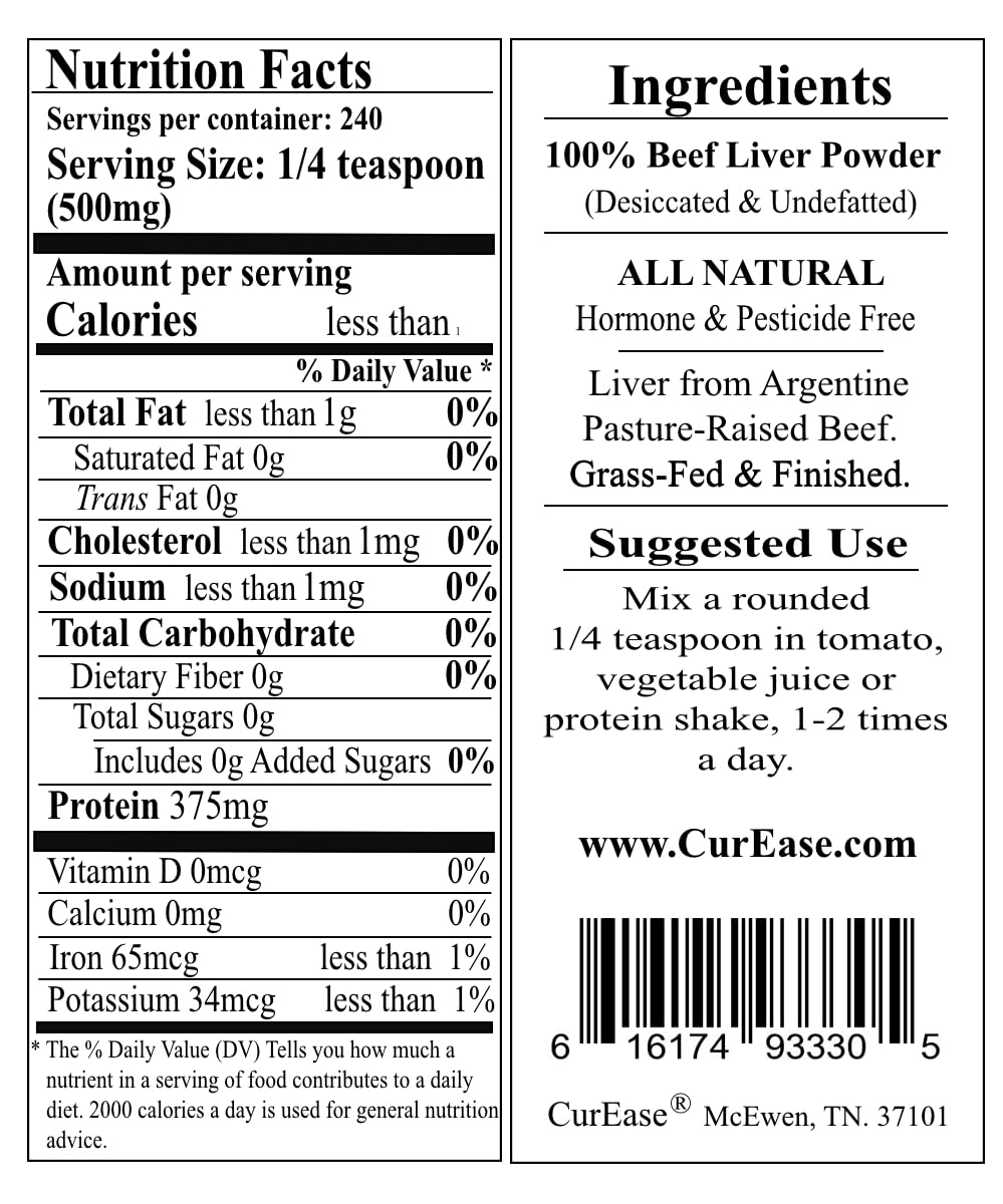 Desiccated beef liver powder with scoop and 4.2 oz packaging