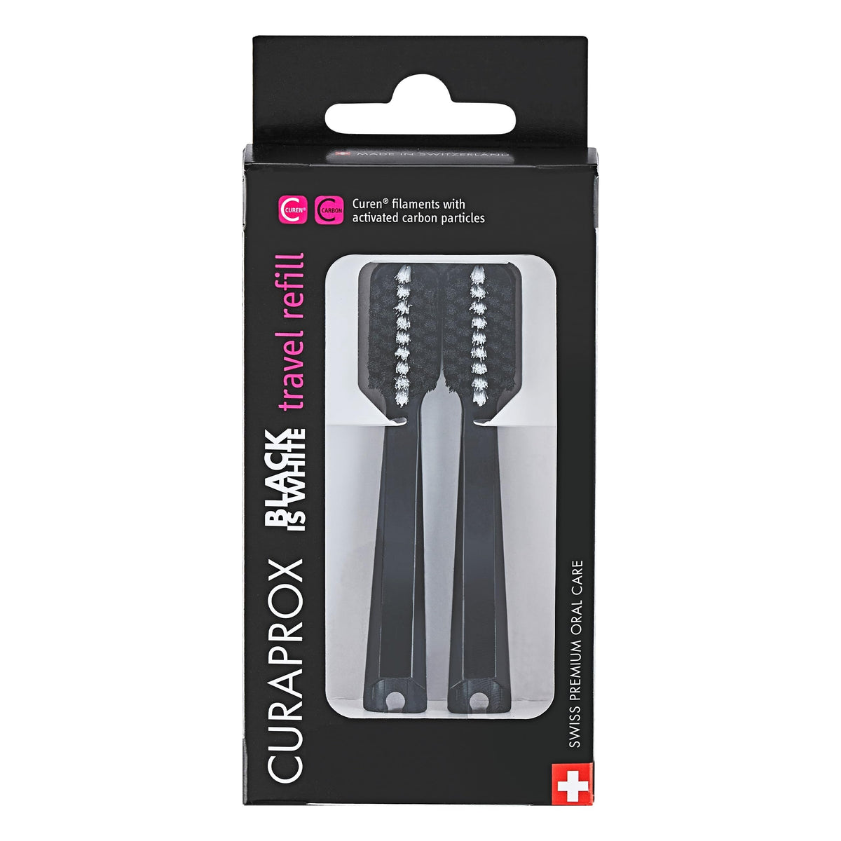 Front view of Curaprox Black is white travel heads refill pack