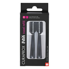 Front view of Curaprox Black is white travel heads refill pack