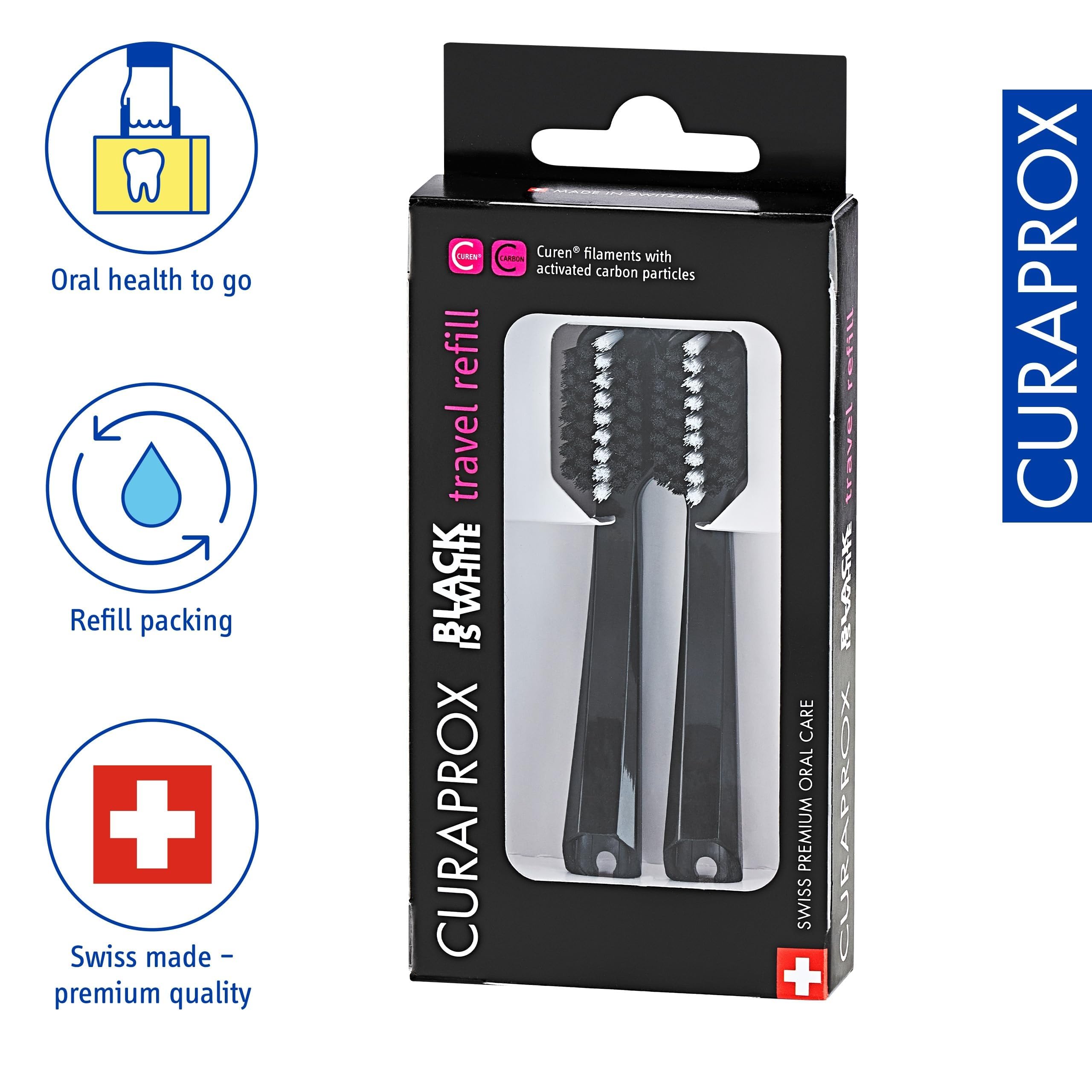 Back view of Curaprox Black is white travel heads refill pack