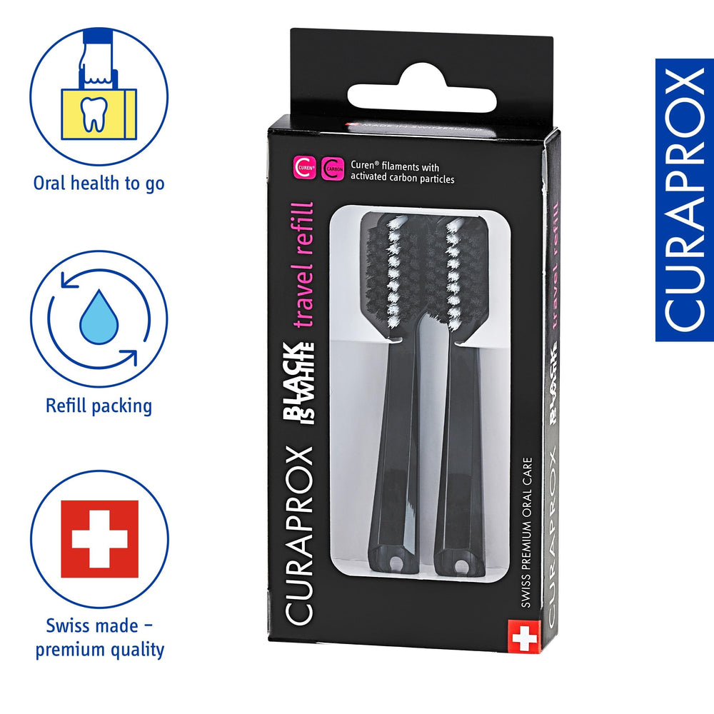 Back view of Curaprox Black is white travel heads refill pack
