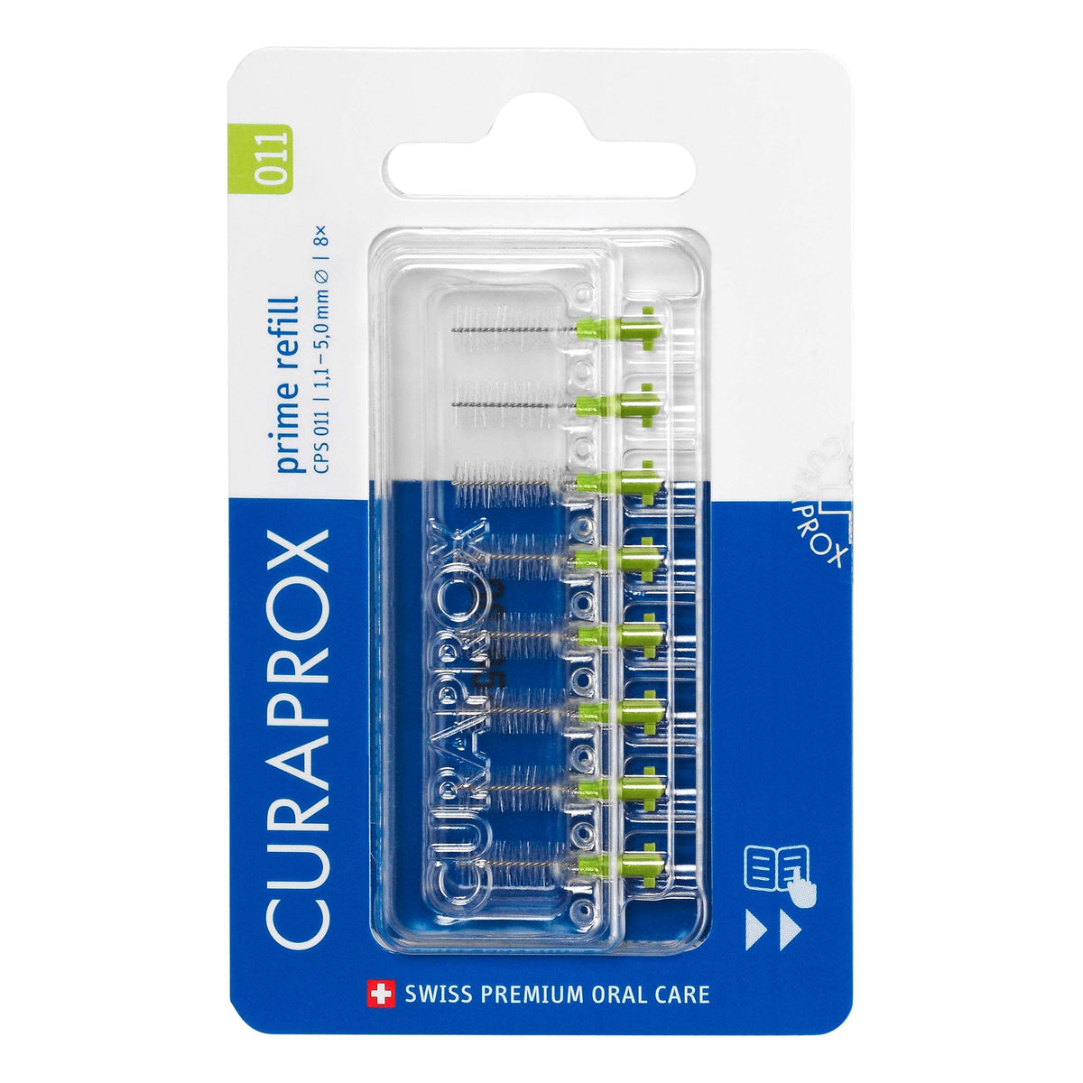Close-up of Curaprox CPS 011 Prime refill brush with ultra-fine green filament (1.1–5.0 mm)