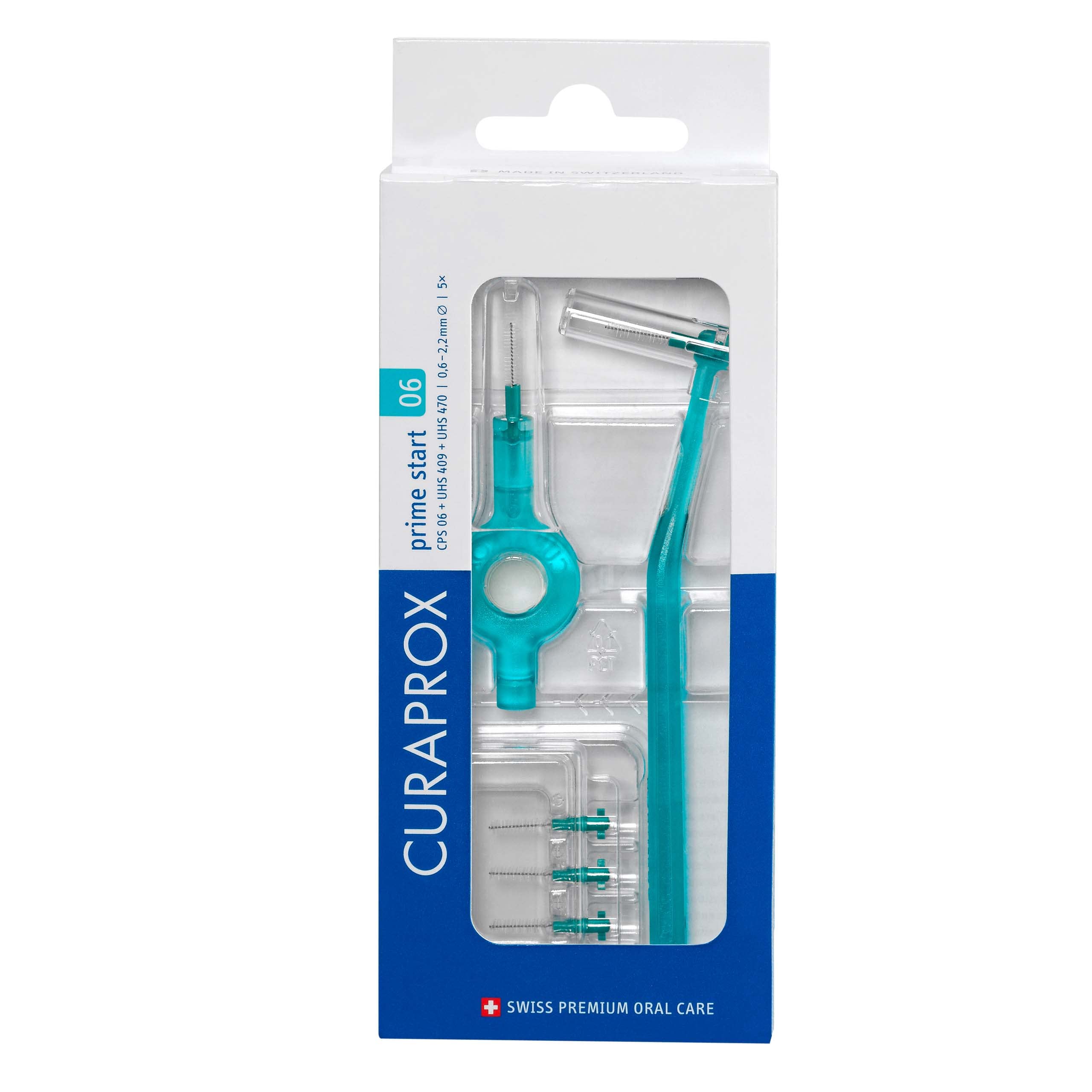 Curaprox CPS 06 Prime Start Interdental Brushes Kit Turquoise with 5 x 0.6–2.2 mm tips and UHS 409/470 handles