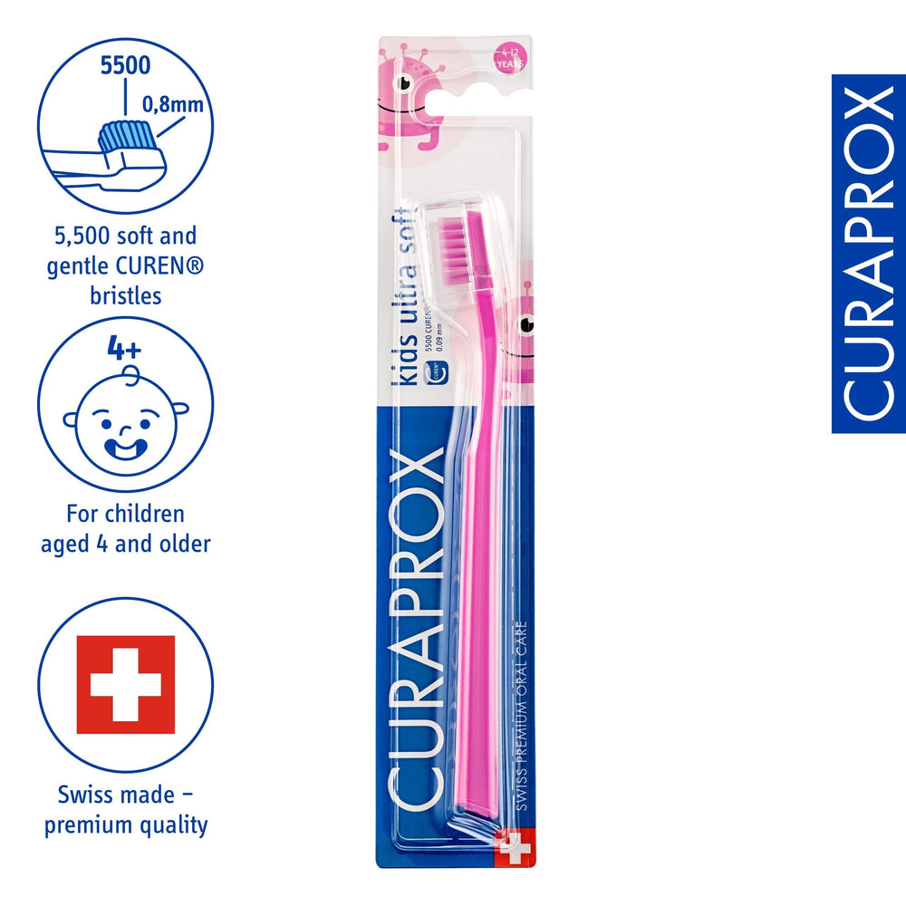Close-up of 5,500 ultra-soft Curen filaments on Curaprox CS Kids Toothbrush Pink
