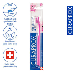 Close-up of 5,500 ultra-soft Curen filaments on Curaprox CS Kids Toothbrush Pink