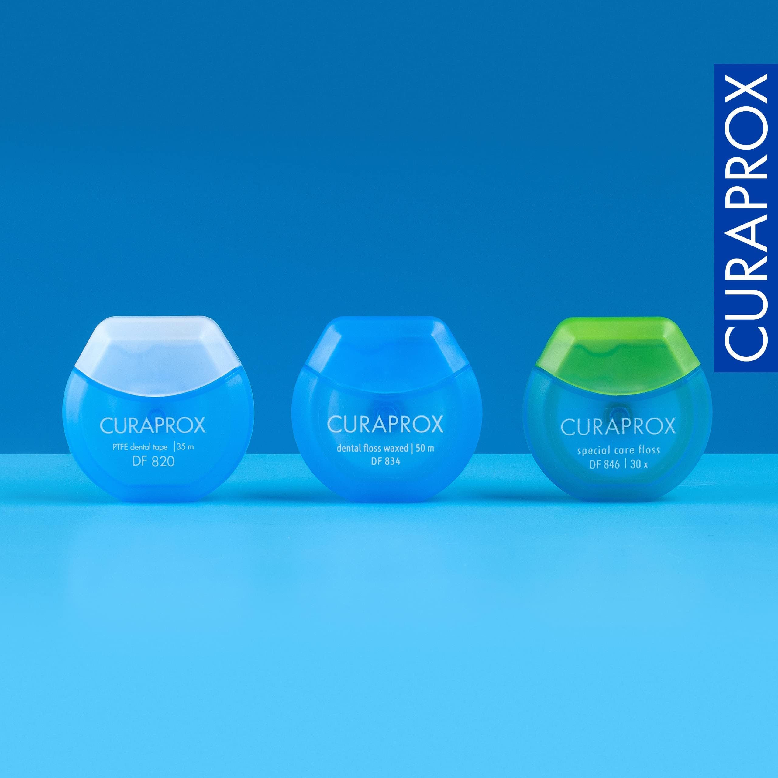 Swiss-made Curaprox DF 820 dental tape packaging with logo