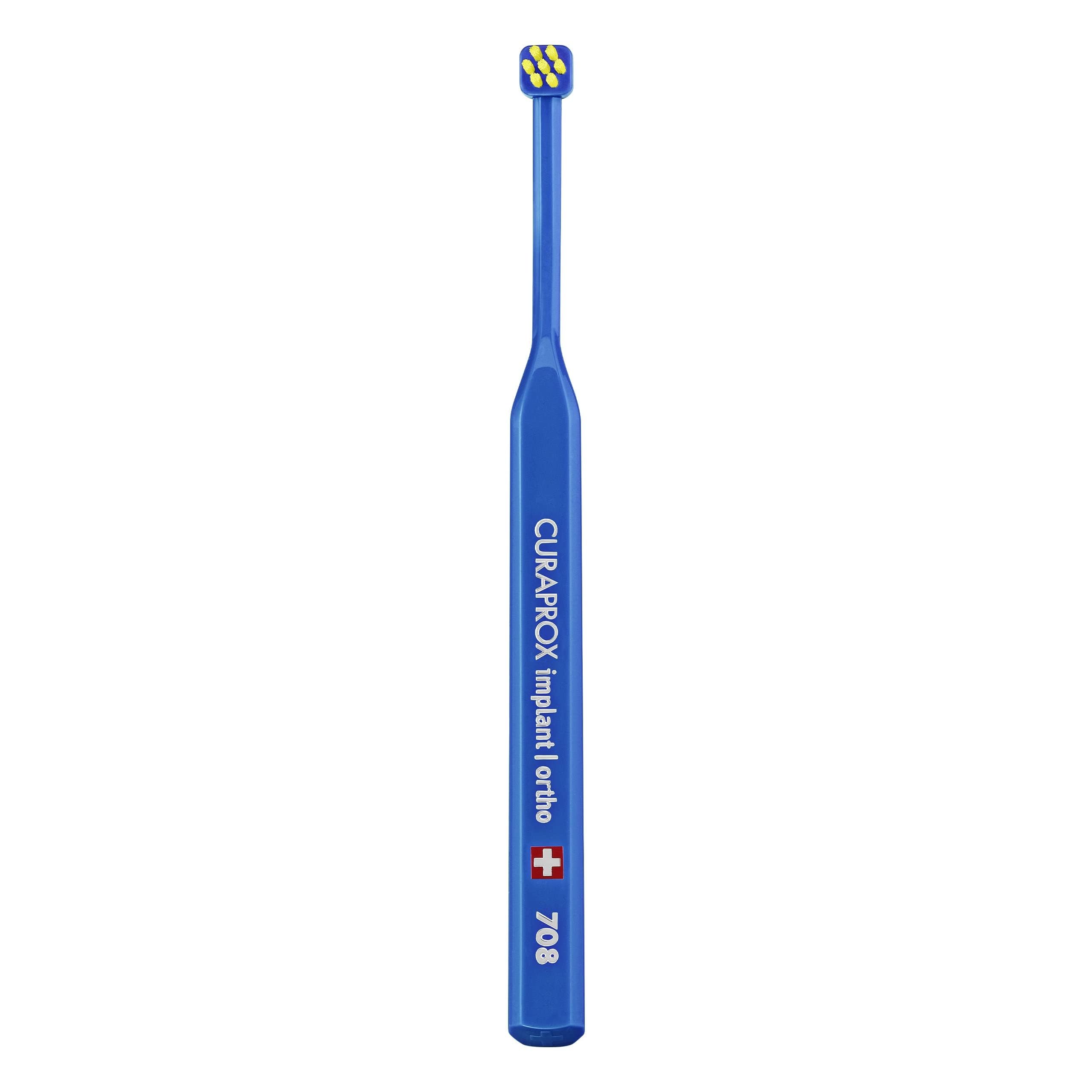 Front view of Curaprox Implant Toothbrush with blue-yellow handle