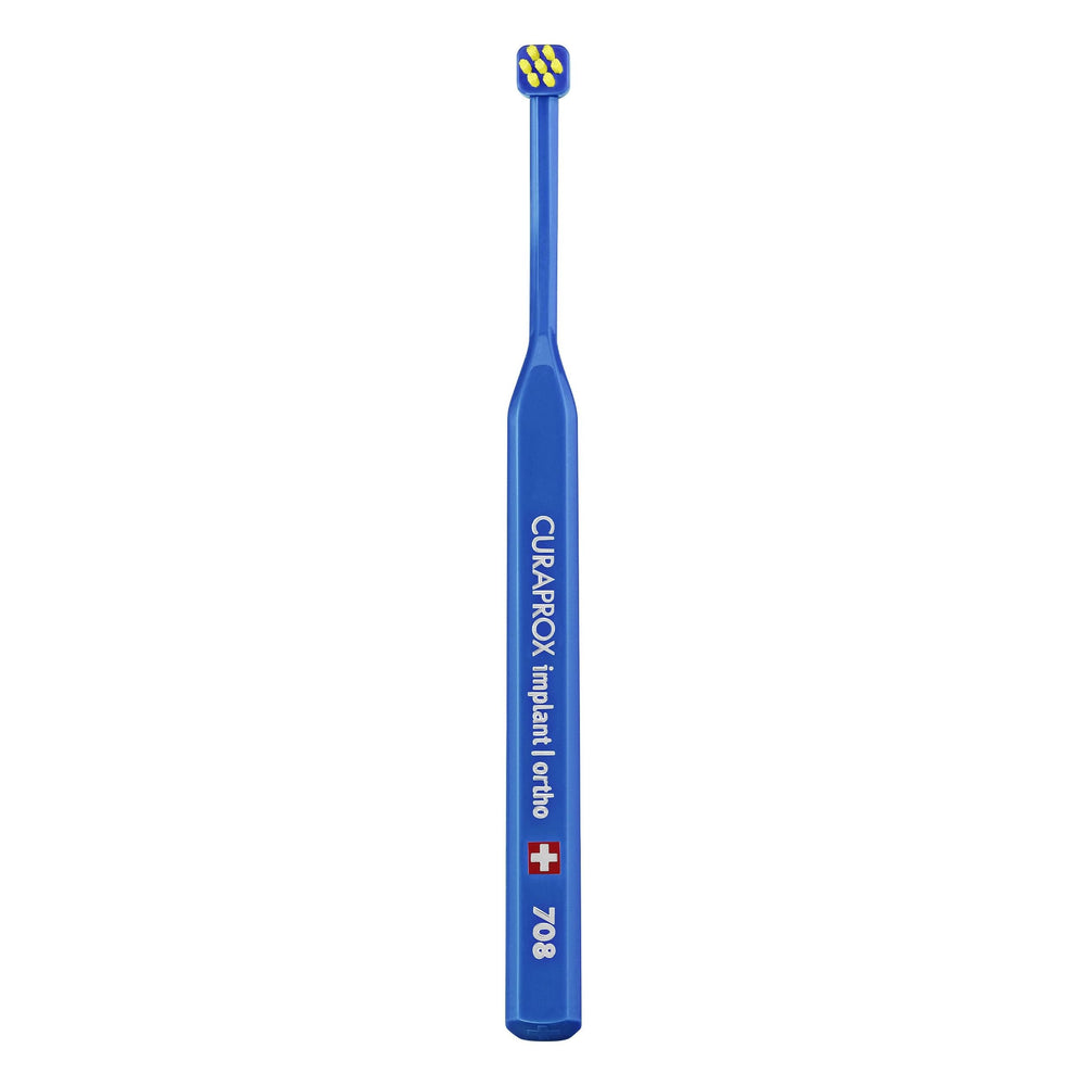 Front view of Curaprox Implant Toothbrush with blue-yellow handle