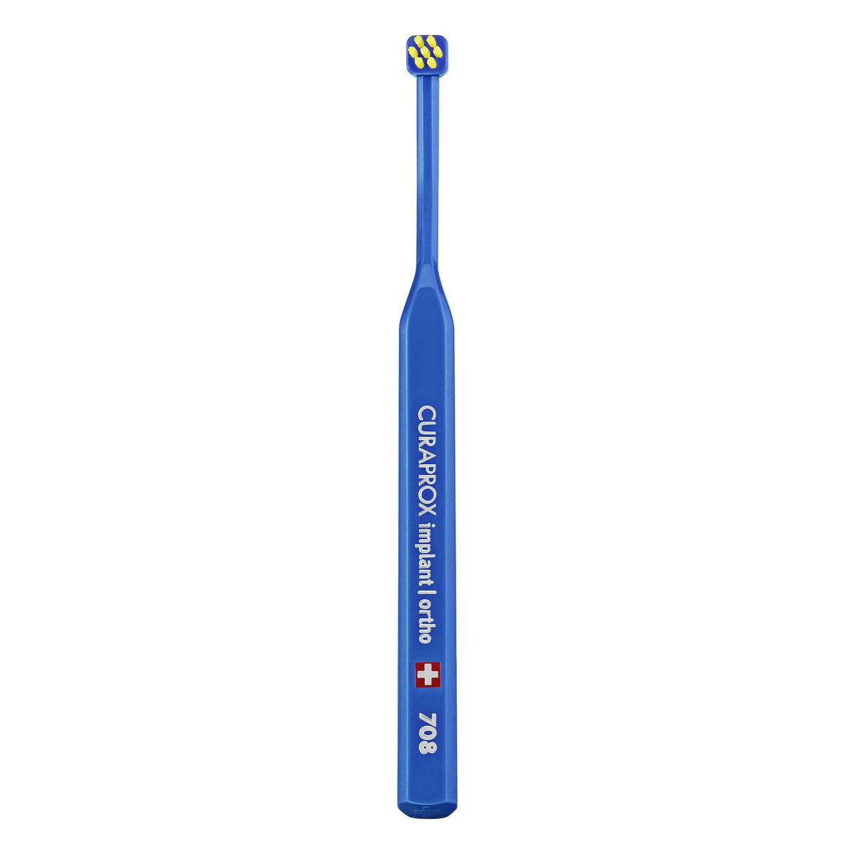 Front view of Curaprox Implant Toothbrush with blue-yellow handle