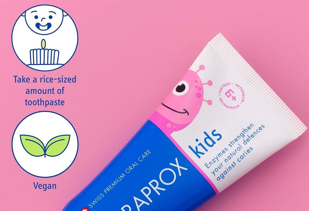 Flat lay with toothpaste and watermelon-themed graphics