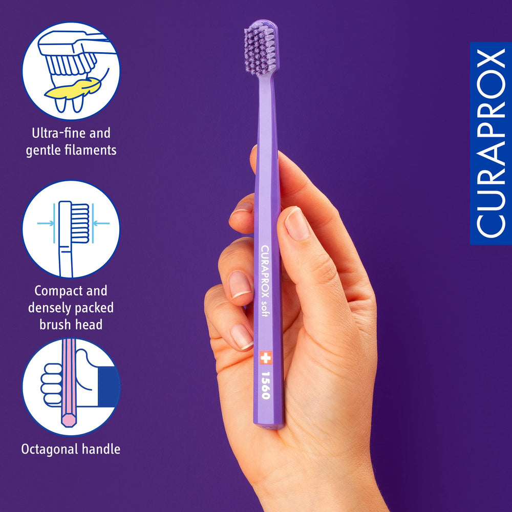 Octagonal violet handle designed for 45-degree brushing technique
