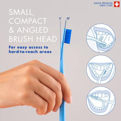 Angled compact brush head reaching all areas for thorough brushing