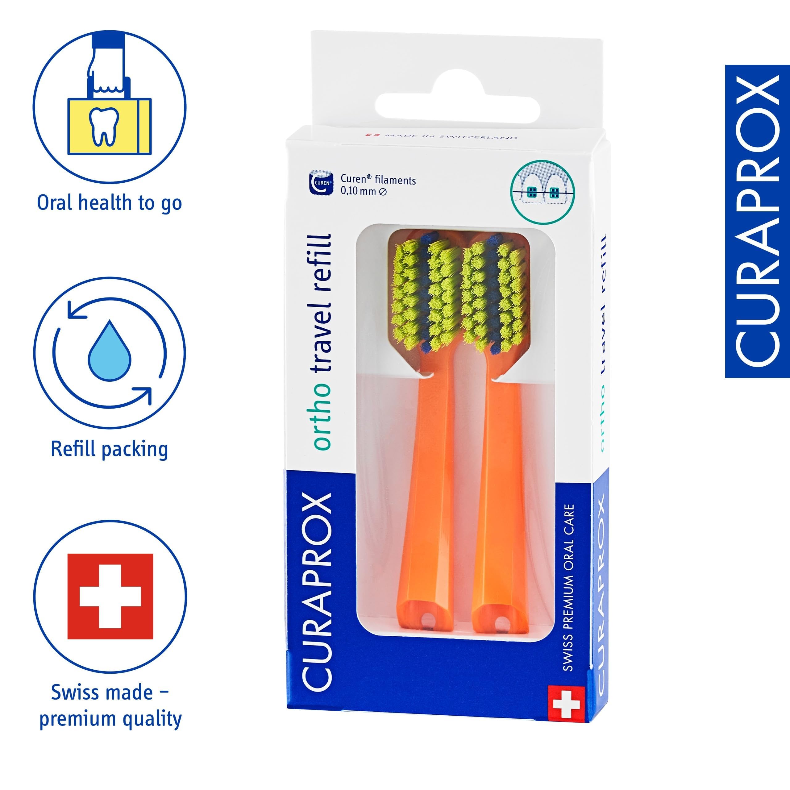 Curaprox CS 5460 ortho travel toothbrush heads in orange – back view